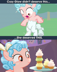 Size: 640x800 | Tagged: safe, edit, screencap, cozy glow, pegasus, pony, frenemies (episode), g4, season 9, the ending of the end, a better ending for cozy, belly, caption, comments more entertaining, cozy deserved this, cozy glow drama, cozybetes, cozybuse, cozylove, cupcake, cute, drama, female, filly, food, hoof hold, image macro, meme, petrification, punish the villain, punishment, solo, stacked, text
