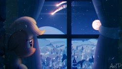 Size: 1280x720 | Tagged: safe, artist:axelp, applejack, earth pony, pony, g4, female, mare in the moon, moon, night, shooting star, solo, window