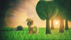 Size: 1280x720 | Tagged: safe, artist:axelp, applejack, earth pony, pony, g4, apple, apple tree, cute, female, grass, jackabetes, lens flare, mare, solo, sunset, sweet apple acres, tree