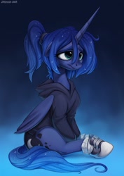 Size: 886x1252 | Tagged: safe, artist:hattiezazu, princess luna, alicorn, pony, g4, alternate hairstyle, clothes, converse, cute, female, floppy ears, gradient background, hoodie, hoof shoes, lunabetes, mare, ponytail, sad, sadorable, shoes, sitting, sneakers, solo, tired