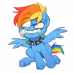 Size: 2048x2048 | Tagged: safe, artist:hattiezazu, rainbow dash, pegasus, pony, g4, behaving like a dog, collar, female, foaming at the mouth, high res, rabid, simple background, solo, white background