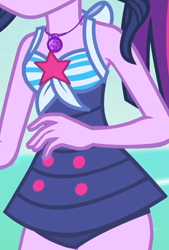 Size: 806x1191 | Tagged: safe, screencap, sci-twi, twilight sparkle, equestria girls, equestria girls series, forgotten friendship, g4, beach shorts swimsuit, boobshot, breasts, clothes, cropped, female, geode of telekinesis, jewelry, magical geodes, necklace, one-piece swimsuit, pictures of chests, sci-twi swimsuit, sleeveless, solo, swimsuit, twilight sparkle's beach shorts swimsuit