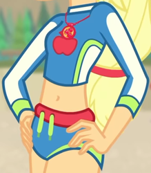 Size: 1022x1169 | Tagged: safe, screencap, applejack, equestria girls, equestria girls series, forgotten friendship, applejack's beach shorts swimsuit, beach shorts swimsuit, belly button, bikini, bikini bottom, boobshot, breasts, clothes, cropped, female, geode of super strength, hand on hip, jewelry, magical geodes, necklace, pictures of chests, solo, swimsuit