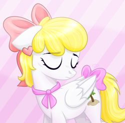 Size: 2740x2689 | Tagged: safe, artist:mortyhill, oc, oc only, oc:sweetie heartcloud, pegasus, pony, blushing, bow, cutie mark, ear piercing, female, high res, mane, mare, show accurate, solo, spread wings, tail, tail bow, underhoof, wings