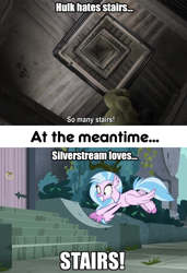Size: 720x1050 | Tagged: safe, edit, edited screencap, editor:thread8, screencap, silverstream, classical hippogriff, hippogriff, g4, avengers: endgame, caption, contrast, female, meme, stairs, that hippogriff sure does love stairs, the incredible hulk