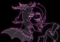 Size: 1158x824 | Tagged: safe, artist:naaltive, oc, oc:misty serenity, demon, black background, drool, ear piercing, earring, fluffy, freckles, horn, horns, hybrid wings, jewelry, limited palette, long tongue, multiple horns, neon, piercing, simple background, spikes, tongue out, wings