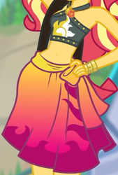 Size: 808x1197 | Tagged: safe, screencap, sunset shimmer, equestria girls, equestria girls series, forgotten friendship, g4, arm behind head, armpits, belly button, bikini, bikini top, boobshot, breasts, clothes, cropped, female, geode of empathy, jewelry, legs, magical geodes, necklace, pictures of bellies, pictures of chests, sarong, skirt, sleeveless, solo, swimsuit