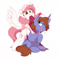 Size: 1980x2048 | Tagged: safe, artist:drtuo4, oc, oc only, oc:bizarre song, oc:sugar morning, pegasus, pony, biting, cute, duo, duo male and female, female, grin, high res, male, mare, mouth hold, oc x oc, shipping, simple background, smiling, spread wings, stallion, straight, sugarre, white background, wings