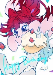 Size: 1448x2048 | Tagged: safe, artist:tingsan, oc, oc only, pegasus, pony, unicorn, cake, food, happy birthday, strawberry