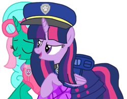 Size: 1249x981 | Tagged: safe, artist:徐詩珮, glitter drops, twilight sparkle, alicorn, pony, series:sprglitemplight diary, series:sprglitemplight life jacket days, series:springshadowdrops diary, series:springshadowdrops life jacket days, g4, alternate universe, base used, chase (paw patrol), clothes, female, lesbian, paw patrol, ship:glitterlight, shipping, simple background, skye (paw patrol), transparent background, twilight sparkle (alicorn)