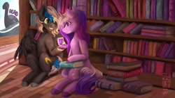 Size: 1280x722 | Tagged: safe, artist:laps-sp, oc, oc only, pegasus, pony, unicorn, book, bookshelf, jewelry, ring