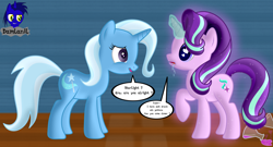 Size: 7680x4154 | Tagged: safe, artist:damlanil, starlight glimmer, trixie, pony, unicorn, g4, absurd resolution, comic, dialogue, drool, duo, female, heart, heart eyes, horn, magic, magic aura, mare, potion, show accurate, text, this will end in snu snu, this will end in snuggles, this will not end well, trixie's wagon, vector, wingding eyes
