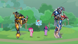 Size: 1080x607 | Tagged: safe, edit, edited screencap, screencap, pinkie pie, rainbow dash, twilight sparkle, alicorn, earth pony, pegasus, pony, g4, the ending of the end, bumblebee (transformers), charging, crossover, optimus prime, transformers, transformers: age of extinction, twilight sparkle (alicorn)