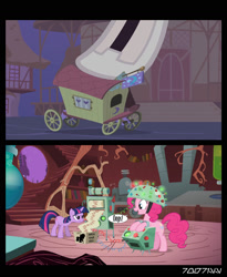 Size: 1288x1572 | Tagged: safe, edit, edited screencap, editor:teren rogriss, screencap, pinkie pie, sweetie belle, twilight sparkle, earth pony, pony, robot, unicorn, boast busters, feeling pinkie keen, g4, season 1, female, giant robot, giantess, machinery, macro, ponyville, sweetie bot, this will end in property damage, trixie's wagon, twilight's lab, unicorn twilight