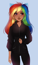 Size: 2069x3500 | Tagged: safe, artist:liatartt, rainbow dash, human, g4, dark skin, eared humanization, female, four ears, high res, humanized, simple background, solo