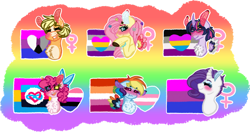 Size: 1280x678 | Tagged: safe, artist:ae4-universes, applejack, fluttershy, pinkie pie, rainbow dash, rarity, twilight sparkle, alicorn, earth pony, pegasus, pony, unicorn, g4, alternate hairstyle, asexual, asexual pride flag, bisexual pride flag, blushing, bow, chest fluff, curved horn, demiromantic, demiromantic pride flag, eyes closed, eyeshadow, female, freckles, gender headcanon, genderfluid, genderfluid pride flag, grin, hair bow, headcanon, heart, heterochromia, horn, lesbian pride flag, lgbt headcanon, makeup, mane six, mare, markings, panromantic, panromantic pride flag, pansexual pride flag, polyamory pride flag, pride, pride flag, redesign, sexuality headcanon, smiling, trans female, transgender, transgender pride flag, twilight sparkle (alicorn)