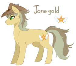 Size: 1280x1120 | Tagged: safe, artist:amiookamiwolf, oc, oc only, oc:jonagold, earth pony, pony, female, hat, magical gay spawn, mare, offspring, parent:braeburn, parent:soarin', parents:soarburn, simple background, solo, transparent background