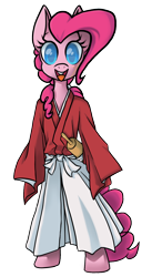 Size: 576x1050 | Tagged: safe, artist:teeny16, pinkie pie, earth pony, semi-anthro, g4, clothes, colored pupils, crossover, female, kenshin himura, mare, rolling pin, rurouni kenshin, simple background, smiling, transparent background