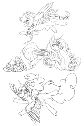Size: 1000x1497 | Tagged: safe, artist:teeny16, applejack, fluttershy, pinkie pie, rainbow dash, rarity, twilight sparkle, alicorn, pegasus, pony, g4, black and white, braid, braided tail, female, fusion, grayscale, hat, lineart, long mane, long tail, mare, monochrome, trio