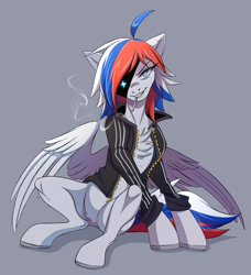 Size: 2345x2575 | Tagged: safe, artist:1an1, oc, oc only, pegasus, pony, badass, cigarette, clothes, cloven hooves, cute, high res, jacket, multicolored hair, multicolored tail, ponified, russia, simple background, sitting, smoking, solo
