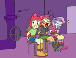 Size: 1696x1296 | Tagged: safe, artist:bugssonicx, apple bloom, scootaloo, sweetie belle, human, equestria girls, g4, arm behind back, bloomsub, bondage, boots, clothes, crying, cutie mark crusaders, damsel in distress, door, female, femsub, gas, gritted teeth, help us, hoodie, jeans, leaking, open mouth, pants, peril, pipe (plumbing), scared, scootasub, shirt, shoes, shorts, shout, skirt, submissive, sweat, sweatdrop, sweetiesub, teary eyes, this will not end well, tied to chair, valve, worried