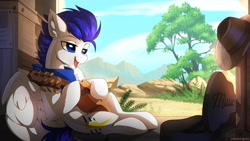 Size: 3000x1688 | Tagged: safe, artist:redchetgreen, oc, oc only, pegasus, pony, guitar, musical instrument, solo