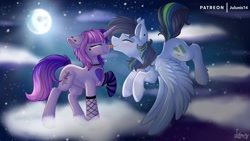 Size: 1600x900 | Tagged: safe, artist:julunis14, oc, oc only, oc:blinking cursor, pegasus, pony, unicorn, 16:9, blushing, clothes, cloud, coat markings, commission, date, digital art, eyes closed, flying, licking, moon, night, night sky, nose licking, on a cloud, piercing, sky, socks, socks (coat markings), standing on a cloud, stars, thigh highs, tongue out