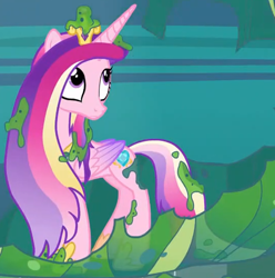 Size: 1138x1147 | Tagged: safe, screencap, princess cadance, alicorn, pony, g4, to where and back again, changeling slime, cocoon, cropped, female, folded wings, mare, messy mane, slime, solo, wings