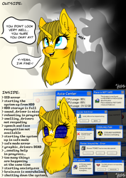 Size: 4093x5787 | Tagged: safe, artist:julunis14, oc, oc only, oc:ayza, pony, unicorn, 2 panel comic, :p, anxiety, blue screen of death, blushing, chest fluff, comic, dialogue, ear fluff, error, error message, female, fluffy, frown, mare, mental blue screen of death, messy mane, microsoft windows, neck fluff, nervous, neurodivergent, onomatopoeia, open mouth, scrunchy face, smiling, social anxiety, solo, sweat, tongue out, windows xp