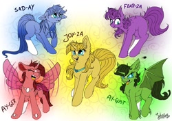 Size: 1024x725 | Tagged: safe, alternate version, artist:julunis14, oc, oc only, oc:ay-ger, oc:ay-gust, oc:ayza, oc:fear-za, oc:joy-za, oc:sad-ay, alicorn, bat pony, bat pony alicorn, changeling, pony, spider, alternate hairstyle, anger (inside out), angry, bat pony oc, bat wings, blank flank, changeling oc, chest fluff, coat markings, crossover, crying, curved horn, disgust (inside out), disgusted, ear fluff, facial markings, fear, fear (inside out), hoof fluff, horn, inside out, joy, joy (inside out), sad, sadness, sadness (inside out), scared, smiling, socks (coat markings), star (coat marking), tongue out, wings