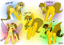 Size: 4096x2896 | Tagged: safe, alternate version, artist:julunis14, oc, oc only, oc:ay-ger, oc:ay-gust, oc:ayza, oc:fear-za, oc:joy-za, oc:sad-ay, alicorn, bat pony, bat pony alicorn, changeling, pony, spider, alternate hairstyle, anger (inside out), angry, bat pony oc, bat wings, blank flank, changeling oc, chest fluff, coat markings, crossover, crying, curved horn, disgust (inside out), disgusted, ear fluff, facial markings, fear, fear (inside out), hoof fluff, horn, inside out, joy, joy (inside out), sad, sadness, sadness (inside out), scared, smiling, socks (coat markings), star (coat marking), tongue out, wings