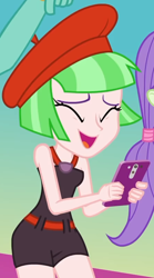 Size: 822x1479 | Tagged: safe, screencap, drama letter, starlight, watermelody, zephyr breeze, equestria girls, equestria girls series, g4, i'm on a yacht, spoiler:eqg series (season 2), background human, beach shorts swimsuit, beret, cellphone, clothes, cropped, eyes closed, female, hat, one-piece swimsuit, phone, sleeveless, smartphone, solo focus, swimsuit, watermelody swimsuit