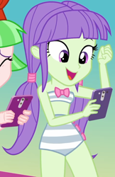 Size: 940x1449 | Tagged: safe, screencap, drama letter, starlight, watermelody, equestria girls, g4, i'm on a yacht, my little pony equestria girls: better together, background human, bare shoulders, beach shorts swimsuit, bikini, bikini top, cellphone, clothes, cropped, eyes closed, female, phone, sleeveless, smartphone, solo focus, striped swimsuit, swimsuit