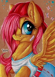 Size: 1600x2216 | Tagged: safe, artist:julunis14, gameloft, fluttershy, pegasus, pony, g4, 90s grunge fluttershy, backwards ballcap, bandaid, baseball cap, belt, bust, cap, chest fluff, clothes, cute, ear fluff, female, gameloft interpretation, hair over one eye, hat, mare, messy mane, shyabetes, solo, spread wings, tongue out, traditional art, wings