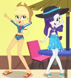 Size: 1210x1329 | Tagged: safe, screencap, applejack, rarity, equestria girls, g4, i'm on a yacht, my little pony equestria girls: better together, applejack's beach shorts swimsuit, applejack's hat, beach shorts swimsuit, belly button, bikini, bikini bottom, bikini top, chair, clothes, cowboy hat, cropped, cute, dancing, duo, duo female, feet, female, flip-flops, geode of empathy, geode of shielding, geode of sugar bombs, geode of super speed, geode of super strength, geode of telekinesis, hat, jackabetes, looking at you, magical geodes, needs more jpeg, open mouth, raribetes, sandals, sarong, sexy, ship, sun hat, swimsuit