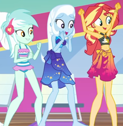 Size: 1144x1173 | Tagged: safe, screencap, lyra heartstrings, sunset shimmer, trixie, equestria girls, equestria girls series, i'm on a yacht, spoiler:eqg series (season 2), armpits, barefoot, beach shorts swimsuit, belly button, bikini, bikini bottom, bikini top, chair, clothes, cropped, feet, female, frilled swimsuit, geode of empathy, geode of fauna, geode of shielding, geode of sugar bombs, geode of super speed, geode of super strength, geode of telekinesis, lyra heartstrings swimsuit, lyra's beach shorts swimsuit, magical geodes, sarong, sleeveless, swimsuit, trio, trio female