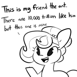 Size: 2250x2250 | Tagged: safe, artist:tjpones, oc, oc only, oc:brownie bun, ant, earth pony, insect, pony, black and white, cute, dialogue, female, full metal jacket, grayscale, high res, mare, monochrome, ocbetes, rifleman's creed, simple background, solo, white background