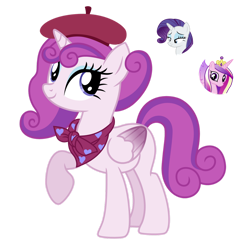 Size: 1280x1287 | Tagged: safe, artist:tenderrain-art, princess cadance, rarity, oc, alicorn, pony, g4, beret, hat, magical lesbian spawn, offspring, parent:princess cadance, parent:rarity, parents:raridance, simple background, transparent background