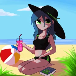 Size: 2250x2250 | Tagged: safe, artist:tjpones, queen chrysalis, equestria girls, g4, barefoot, beach, beach ball, belly button, book, breasts, clothes, cute, cutealis, drink, equestria girls-ified, feet, female, fifty shades of grey, hat, high res, looking at you, midriff, reference, solo, sun hat, swimsuit, younger