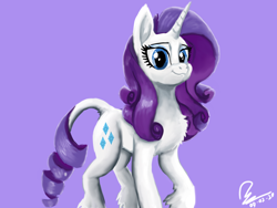 Size: 1600x1200 | Tagged: safe, artist:raphaeldavid, rarity, classical unicorn, pony, unicorn, g4, chest fluff, cloven hooves, female, horn, leonine tail, mare, purple background, simple background, solo, unshorn fetlocks