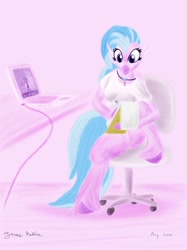 Size: 1024x1366 | Tagged: safe, artist:rockhoppr3, silverstream, twilight sparkle, alicorn, classical hippogriff, hippogriff, pony, g4, bottomless, chair, clothes, computer, desk, featureless crotch, jewelry, laptop computer, necklace, notepad, partial nudity, solo, we don't normally wear clothes, webcam, zoom