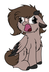 Size: 614x906 | Tagged: safe, artist:rokosmith26, oc, oc only, demon, demon pony, hybrid, original species, pegasus, pony, brown mane, cheek fluff, chest fluff, cute, cute little fangs, derp, fangs, female, filly, floppy ears, fluffy, horn, markings, open mouth, short hair, short mane, simple background, sitting, solo, tail, tooth, transparent background, wide mouth, wings