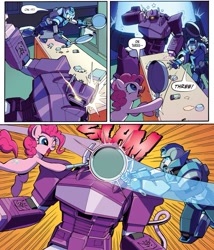 Size: 1931x2259 | Tagged: safe, artist:caseycoller, pinkie pie, earth pony, pony, g4, idw, spoiler:comic, spoiler:friendship in disguise, spoiler:friendship in disguise02, autobot, comic, decepticon, female, frying pan, gauge (autobot), mare, shockwave, your face