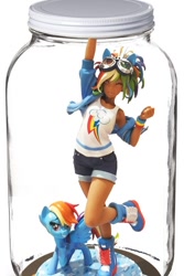 Size: 620x926 | Tagged: safe, edit, kotobukiya, rainbow dash, human, g4, anime style, boots, clenched fist, clothes, confident, cutie mark, denim shorts, fist in the air, goggles, goggles on head, here we go again, humanized, in jar, jar, kotobukiya rainbow dash, lewd container meme, lidded eyes, multicolored hair, multicolored mane, multicolored tail, oh no, one eye closed, pose, rainbow hair, rainbow tail, raised eyebrow, seductive, shoes, shorts, smiling, tank top, this will end in pain, tomboy, wristband