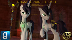 Size: 2130x1198 | Tagged: safe, artist:princeoracle, oc, oc only, oc:prince oracle, alicorn, pony, 3d, alicorn oc, appaloosa, coat markings, crown, cutie mark, download disabled at source, entraban, folded wings, gmod, green crystal gem necklace, horn, jewelry, kirkwall golden dragon symbol of heraldry (dragon age), male, model, necklace, prince, prince of entraban, princess luna's husband, raised hoof, regalia, royalty, smiling, smirk, solo, spots, stallion, tail bracelet, unshorn fetlocks, wind staff, wings