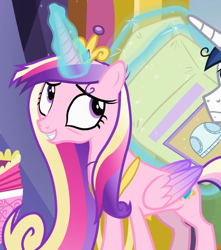 Size: 1410x1595 | Tagged: safe, screencap, princess cadance, shining armor, alicorn, pony, a flurry of emotions, g4, cropped, diaper, female, folded wings, magic, mare, messy mane, solo focus, telekinesis, tired eyes, wings