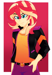 Size: 2000x2898 | Tagged: safe, artist:xan-gelx, sunset shimmer, human, equestria girls, g4, belt, clothes, commission, cute, equestria guys, geode of empathy, handsome, high res, jacket, looking at you, magical geodes, male, pants, passepartout, rule 63, smiling, solo, sunset glare