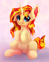Size: 2267x2886 | Tagged: safe, artist:xbi, sunset shimmer, pony, unicorn, g4, abstract background, cute, female, high res, looking at you, mare, sitting, smiling, solo