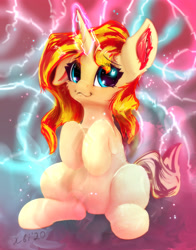Size: 2267x2886 | Tagged: safe, artist:xbi, sunset shimmer, pony, unicorn, g4, abstract background, cute, female, high res, looking at you, magic, magic overload, mare, sitting, smiling, solo