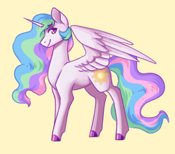 Size: 1832x1610 | Tagged: safe, artist:flaming-trash-can, princess celestia, alicorn, pony, g4, cute, female, horn, looking at you, simple background, solo, wings, yellow background